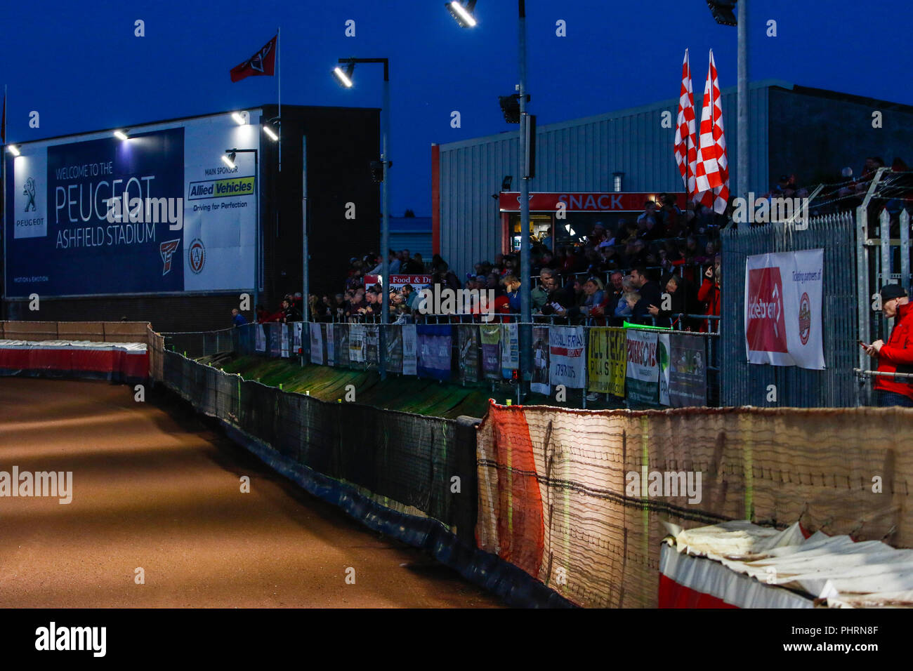 The back straight at Ashfield filled with supporters at the SGB National Championship meeting between Glasgow Tigers & Newcastle Diamonds at the Peuge Stock Photo