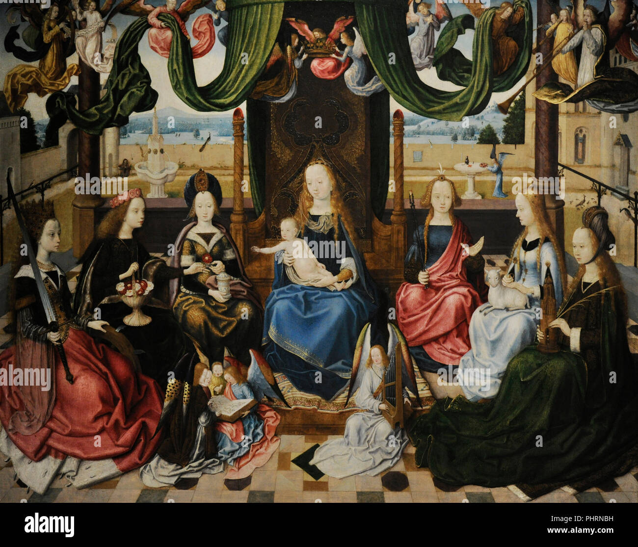 Master of the Legend of Saint Ursula and workshop (active in Cologne, ca.1480/1490-ca.1510/1515). The Virgin Mary with female Saints. From left to right, St. Catherine, St. Dorothy, St. Mary Magdalene, St. Apollonia, St. Agnes and St. Barbara, 1485. Wallraf-Richartz Museum. Cologne. Germany. Stock Photo