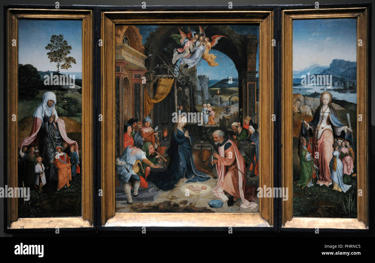 Jan de Beer (ca.1475-ca.1528). Flemish painter. Triptych with Adoration of the Shepherds, ca.1515. Wallraf-Richartz Museum. Cologne. Germany. Stock Photo