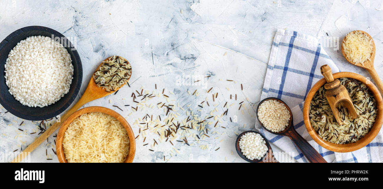 Different varieties of rice. View from the top. Stock Photo