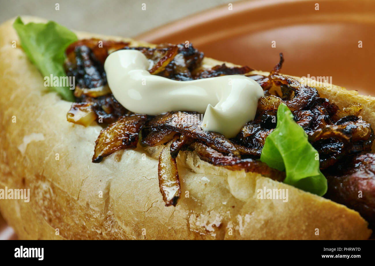 Caramelized Beer Onions and Cheddar Bratwurst Stock Photo Alamy