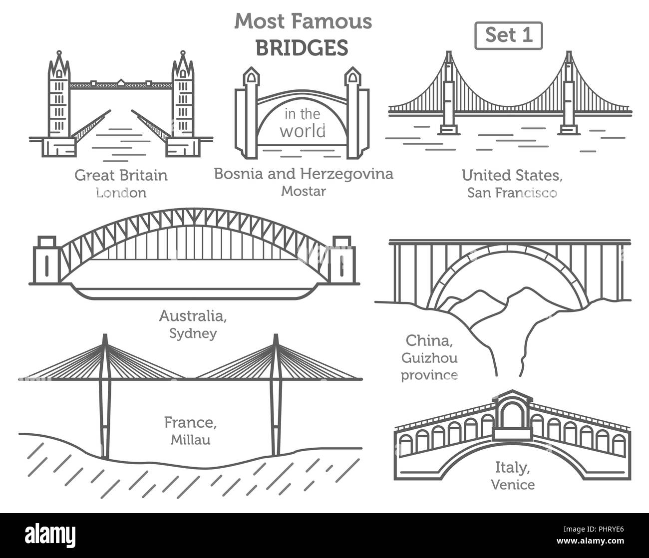Most famous bridges in the world. Landmarks linear style icon set. Possible use in infographic design. Vector illustration Stock Vector