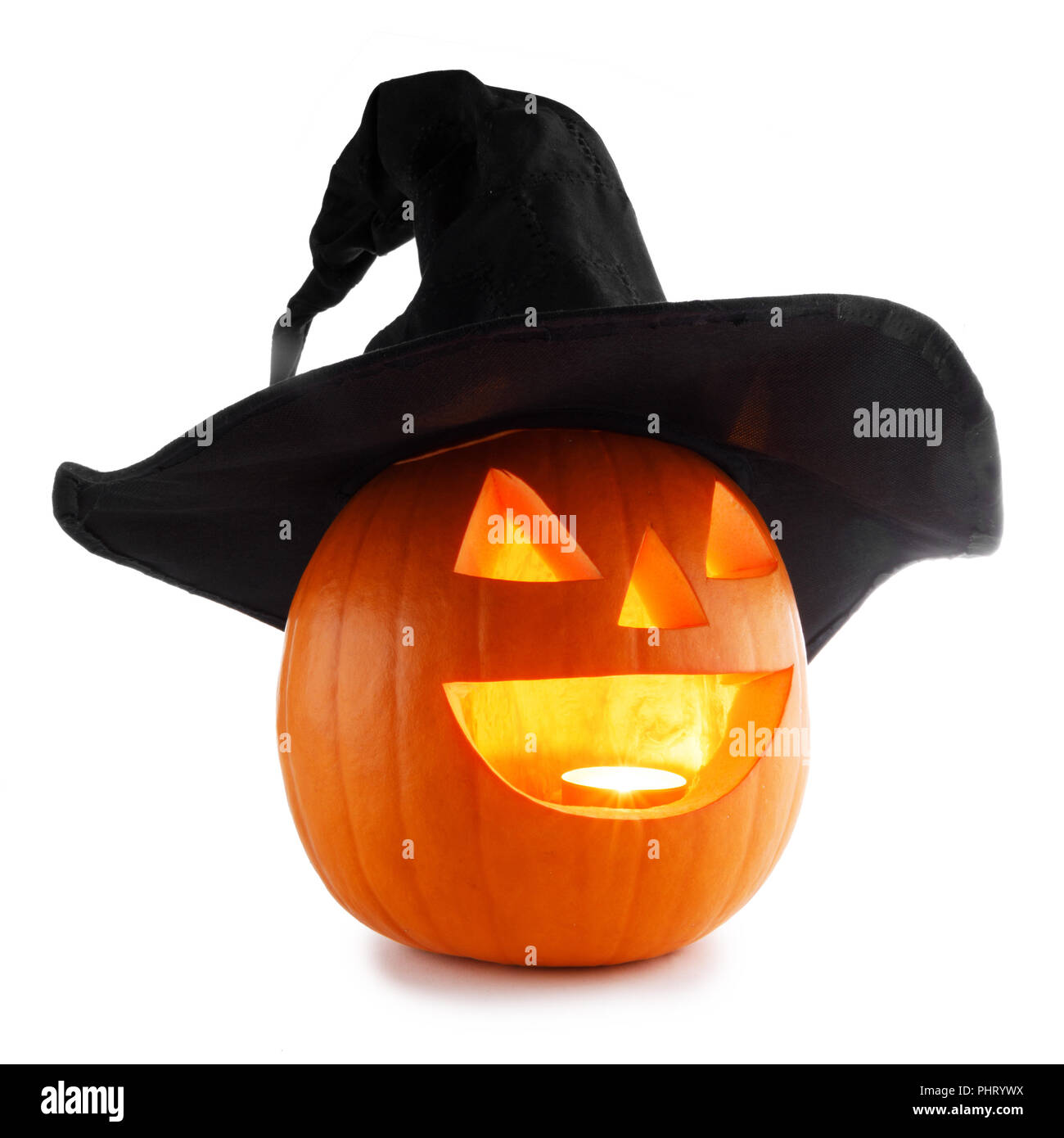 Jack O Lantern Halloween pumpkin with witches hat isolated on white ...