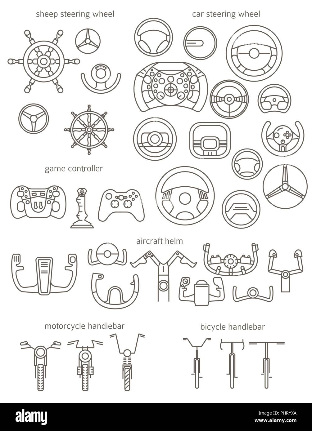 Equipment for transport driving set. Helmet, rudder, steering wheels thin line icons. Vector illustration Stock Vector