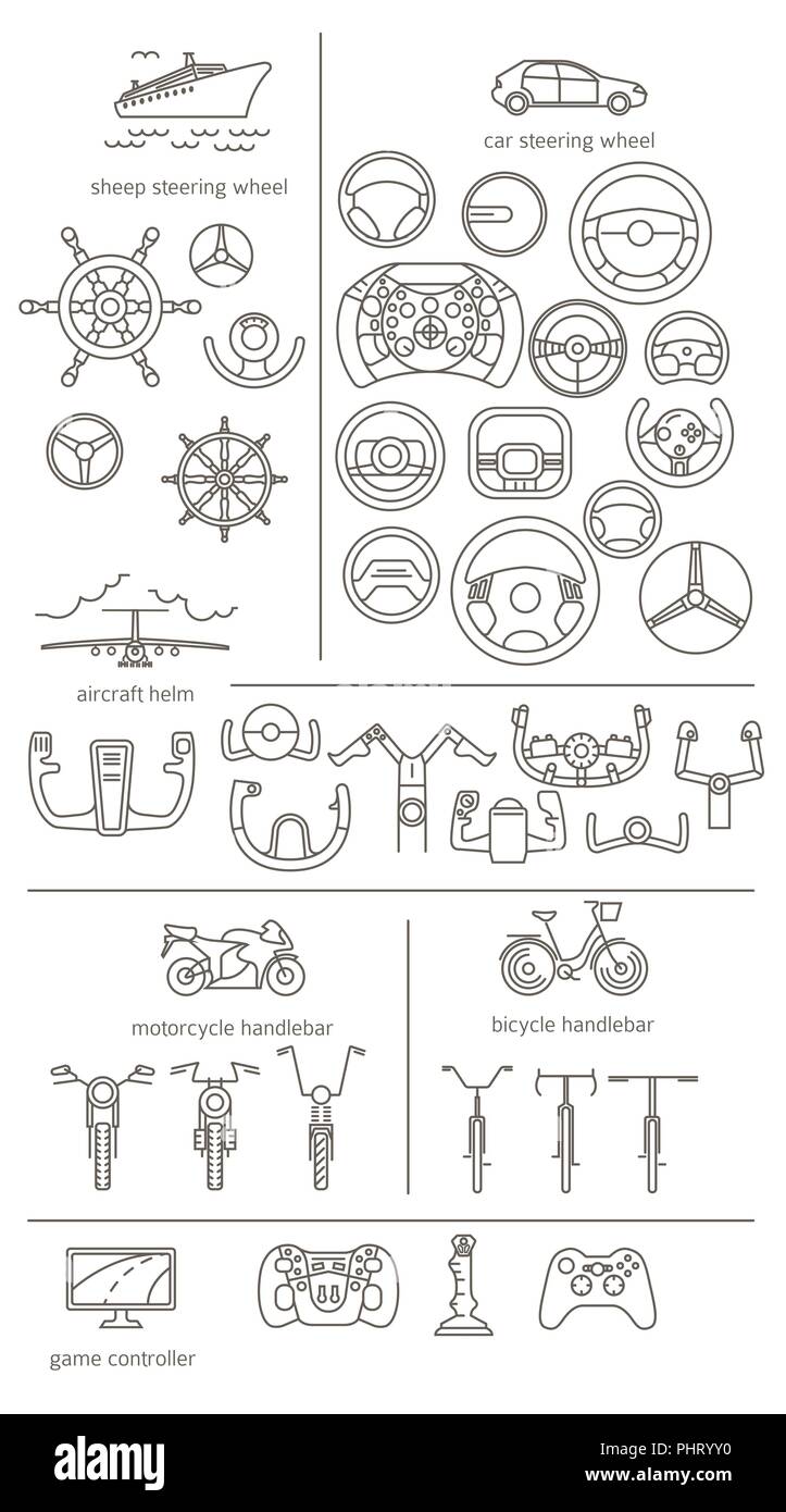 Equipment for transport driving set. Helmet, rudder, steering wheels thin line icons. Vector illustration Stock Vector