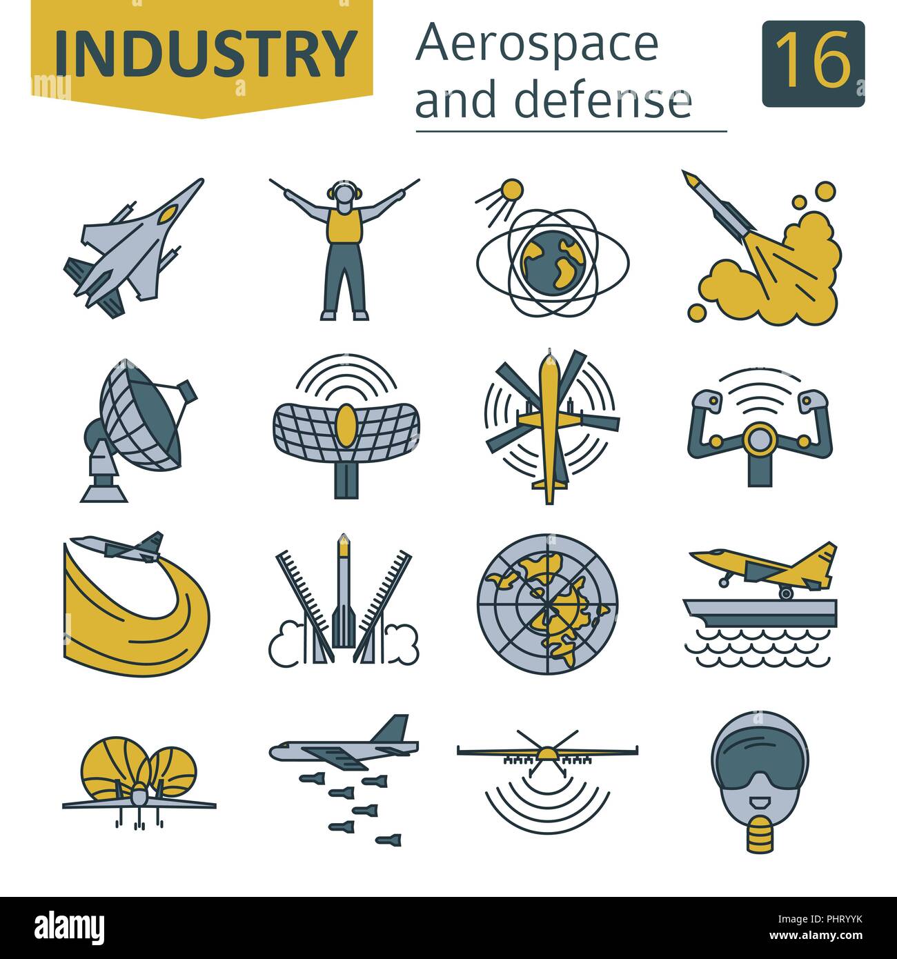 Aerospace and defense, military aircraft icon set. Thin line design for creating infographics. Vector illustration Stock Vector