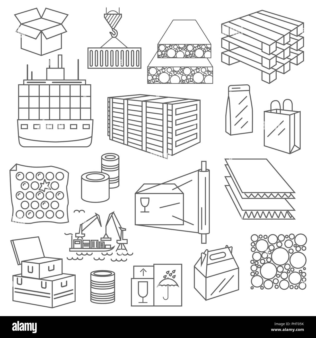 Containers and packaging icon set. Thin line design isolated on white. Create your industrial infographics collection. Vector illustration Stock Vector