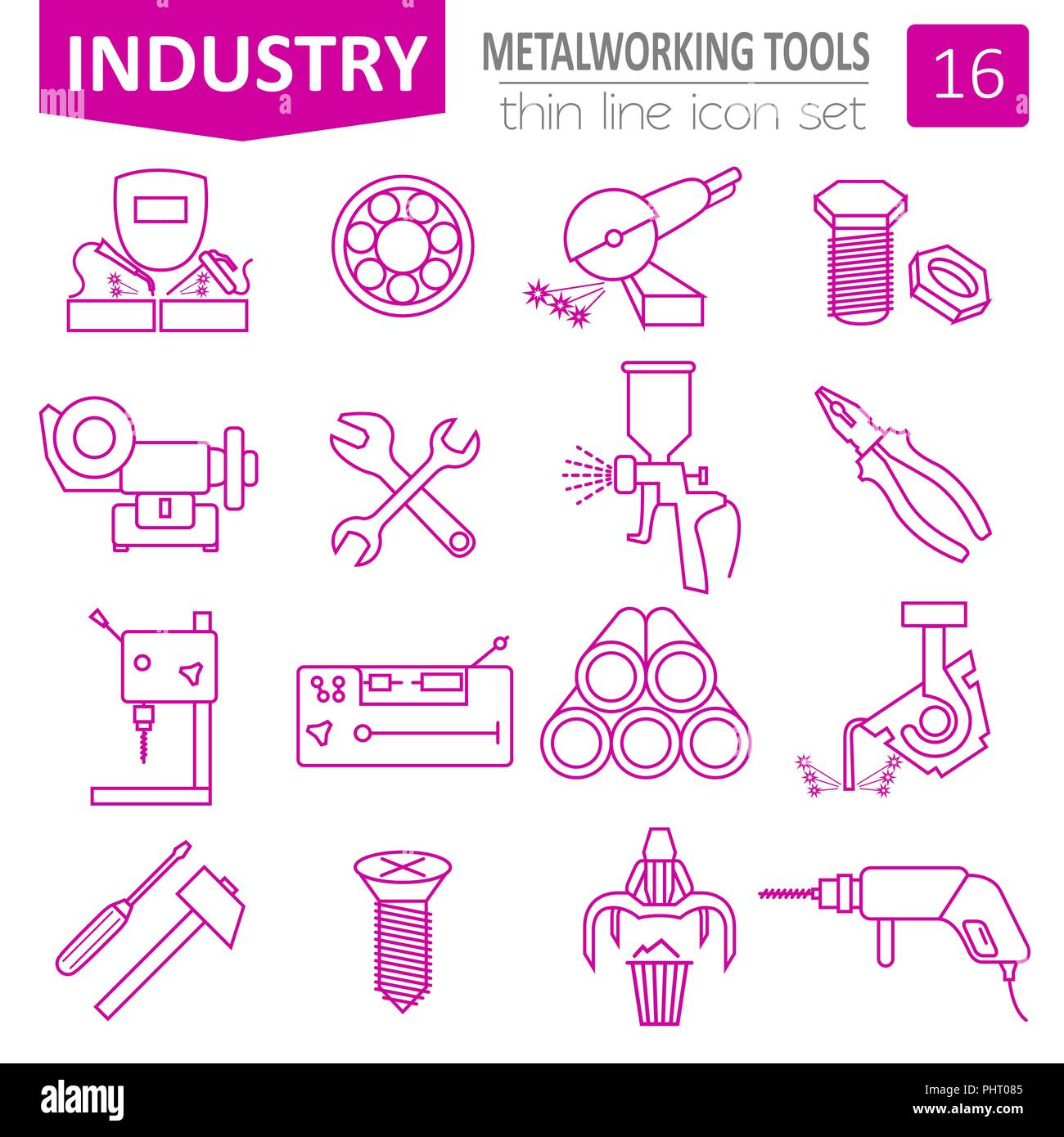 Metal working tools icon set. Thin line design. Vector illustration Stock Vector