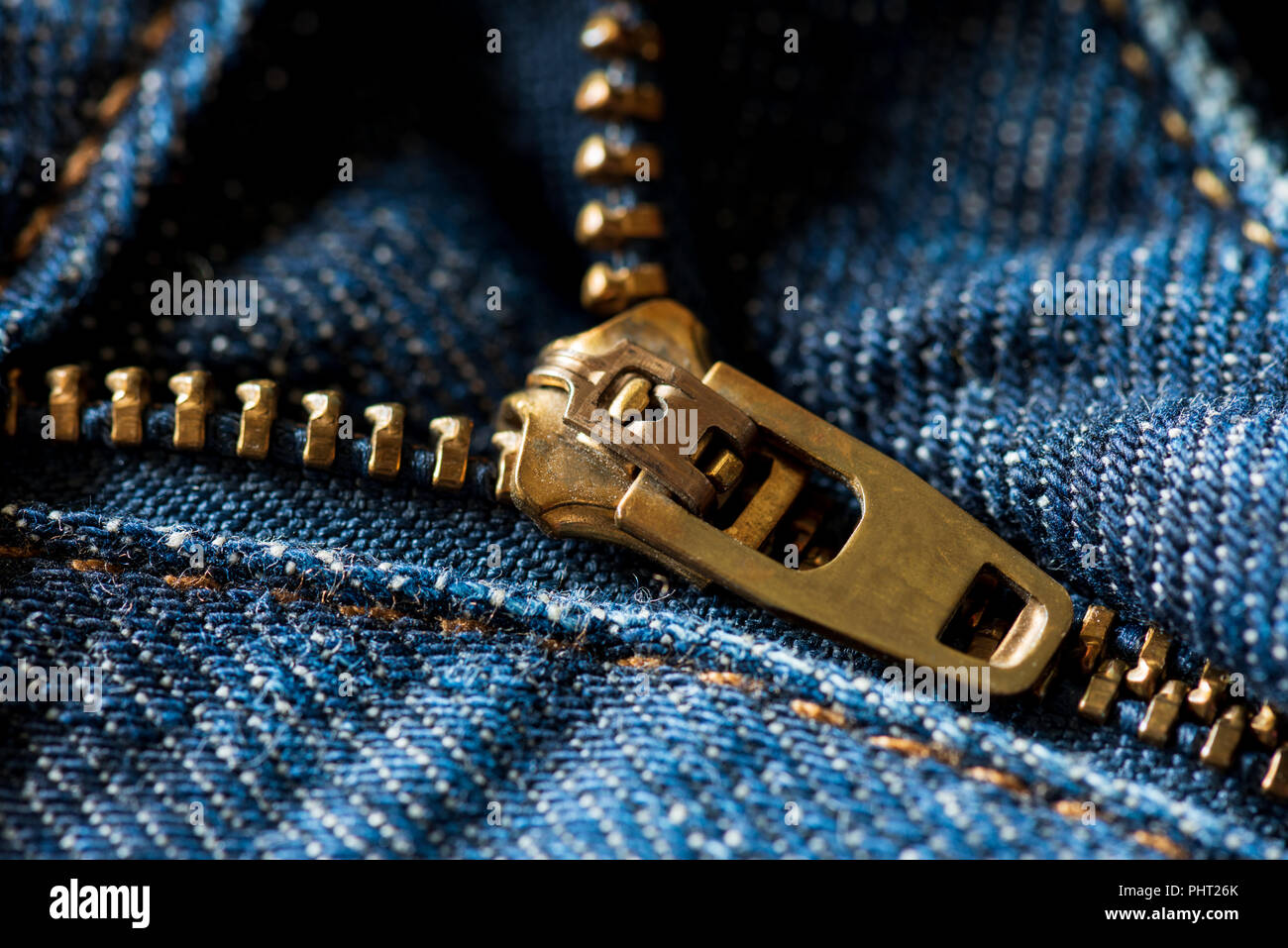 close up blue jeans zipper Stock Photo