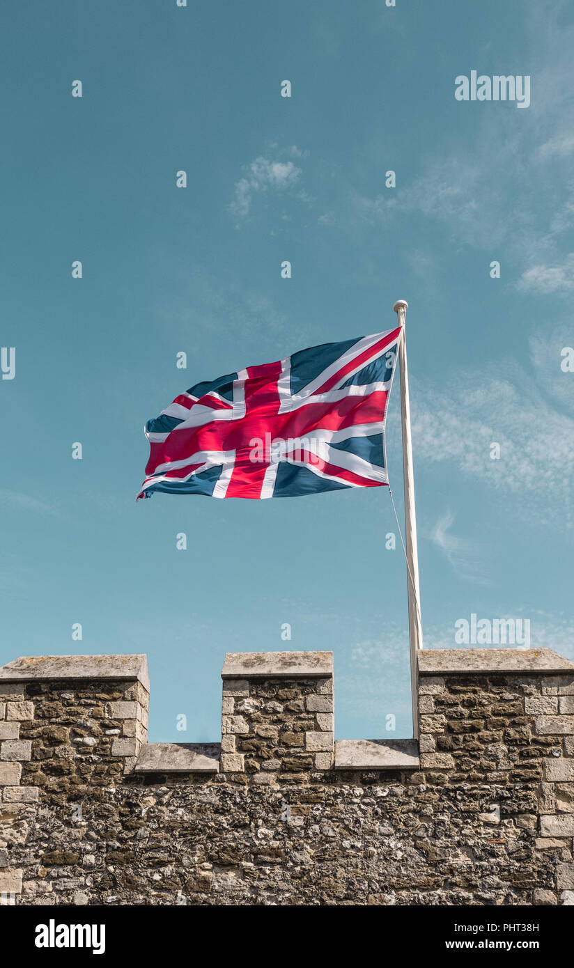 Union Jack Flag Flying at Dover Castle, Kent UK Stock Photo