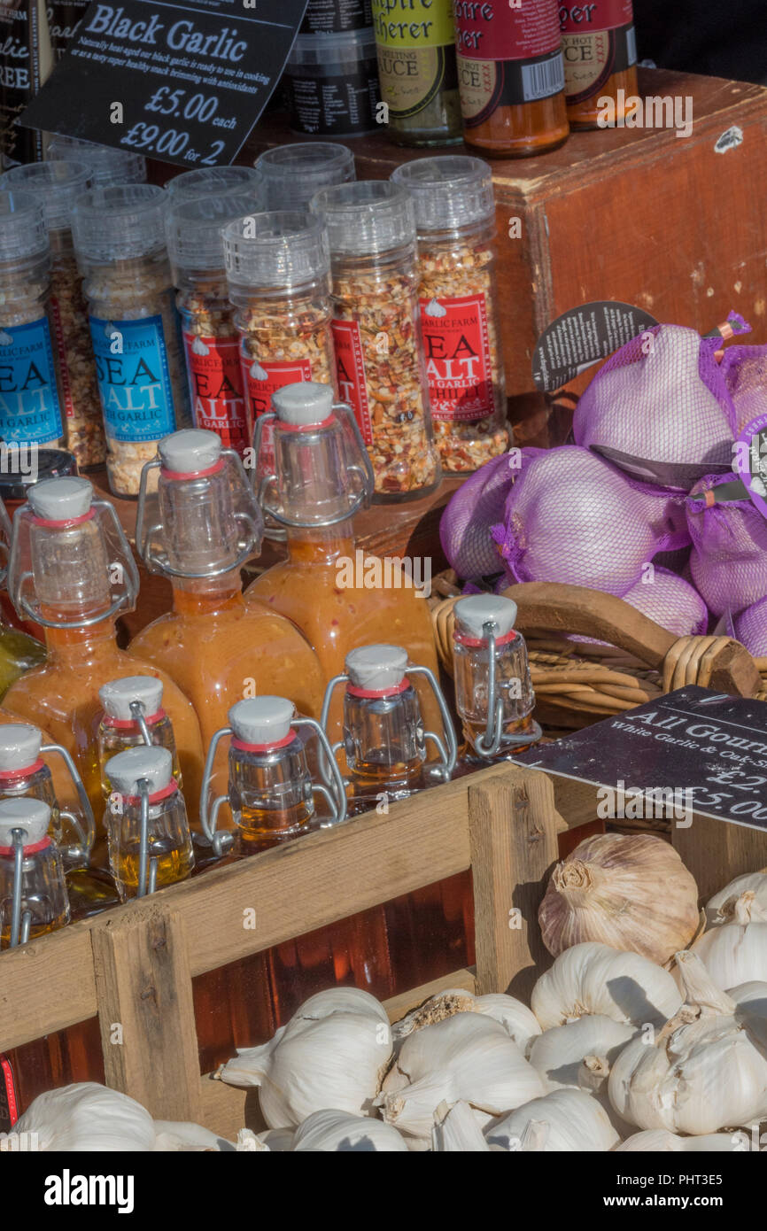 a selection of garlic flavoured products including pickles and