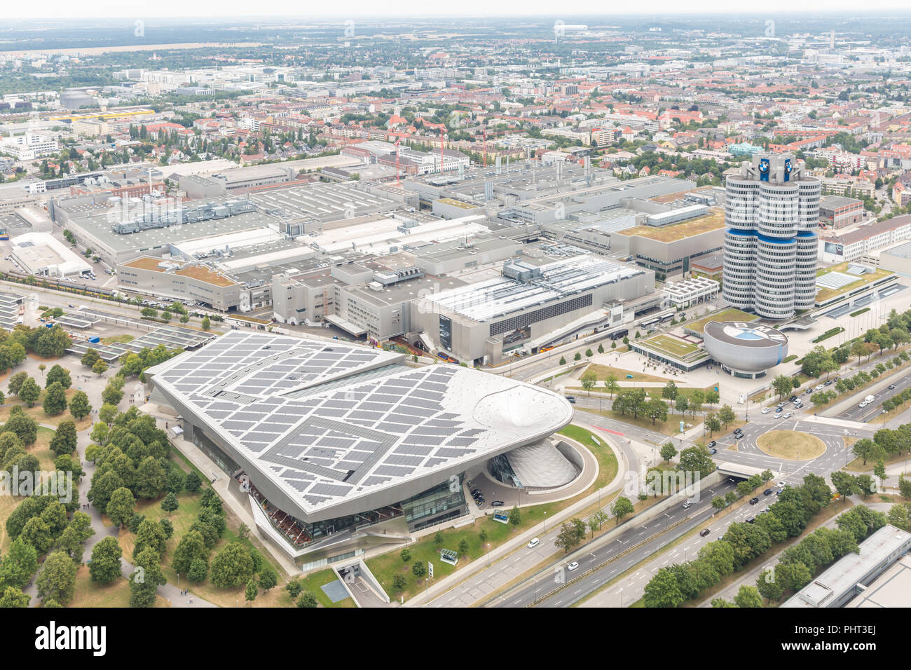 MUNICH, GERMANY - AUG 1, 2015: Aerial view of Munich with BMW buildings from Olympic communication tower on August 1, 2015 in Munich, Germany Stock Photo