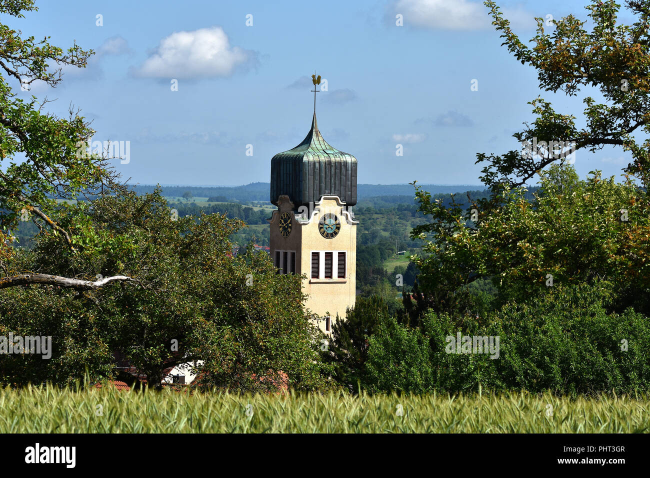 church steeple; church tower; bulbous spire; Germany; Stock Photo