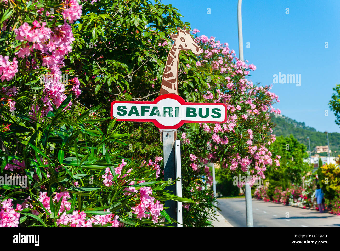 Safari Bus station sign, Sa Coma (mallorca) Stock Photo