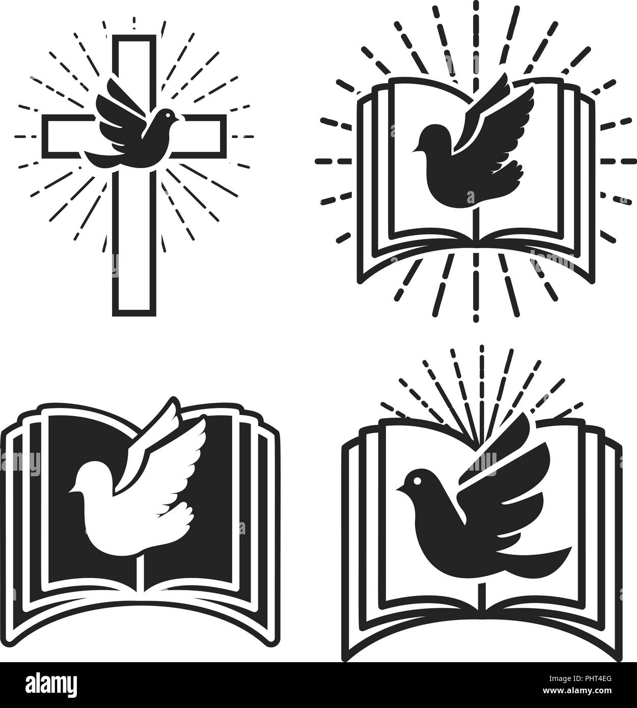 Religious community. Emblem template with dove and Holy Bible. Holy Spirit. Vector illustration Stock Vector