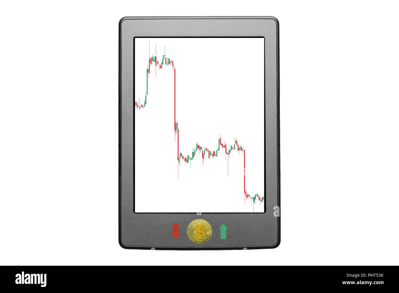 Tablet with control panel of growth of price of crypto currency bitcoin.  Chart of stock exchange on tablet screen. Concept photo. Isolated white  backg Stock Photo - Alamy