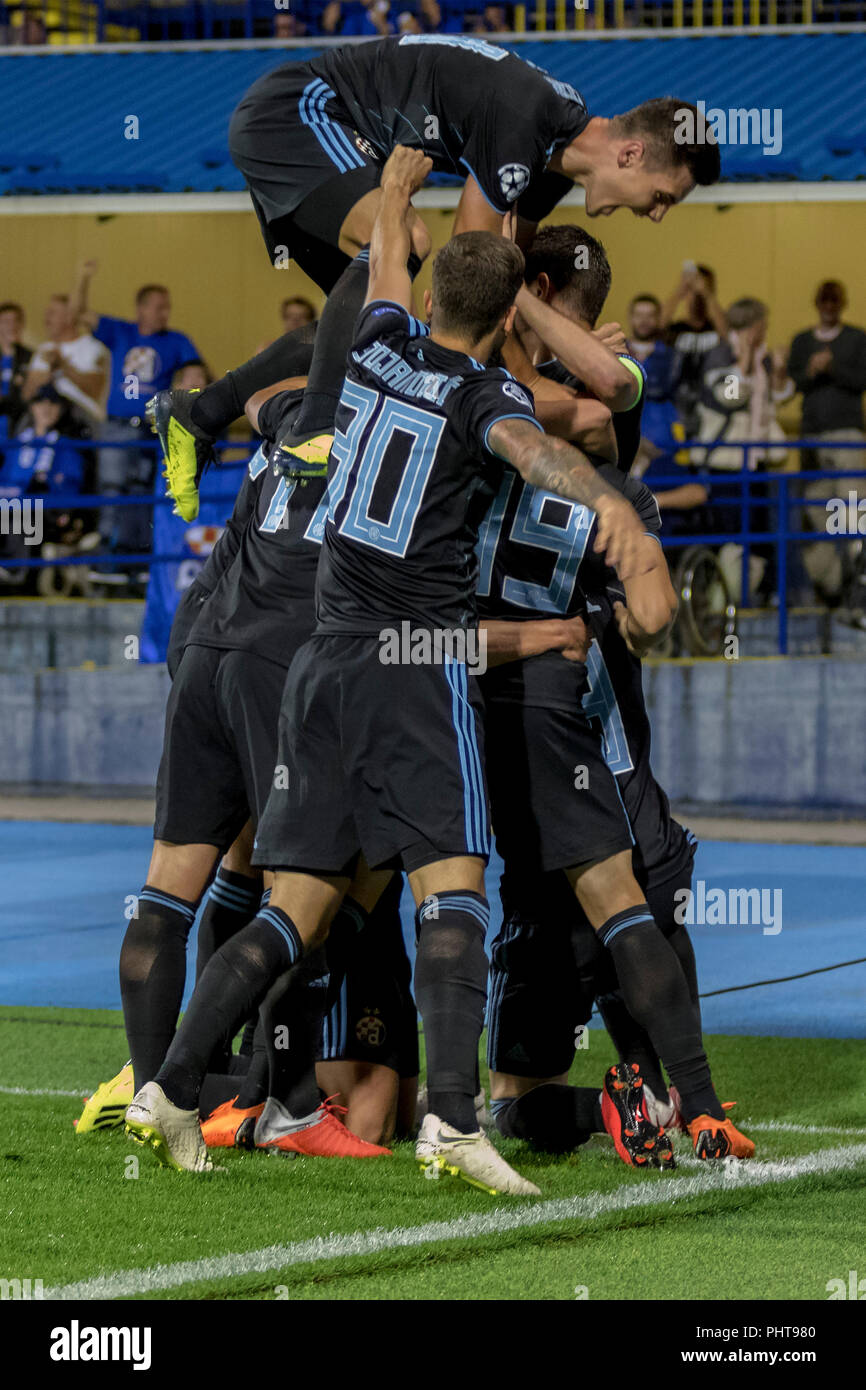 ZAGREB, CROATIA - AUGUST 28, 2018: UEFA Champions League Playoffs, GNK Dinamo vs. BSC Young Boys. Dinamo players celebrating the goal Stock Photo