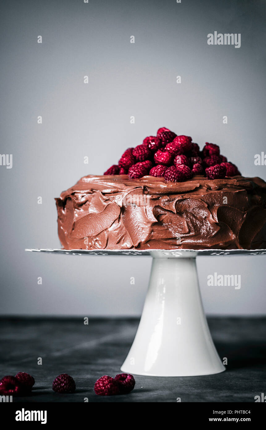 Chocolate raspberry cake with coconut milk chocolate ganache Stock