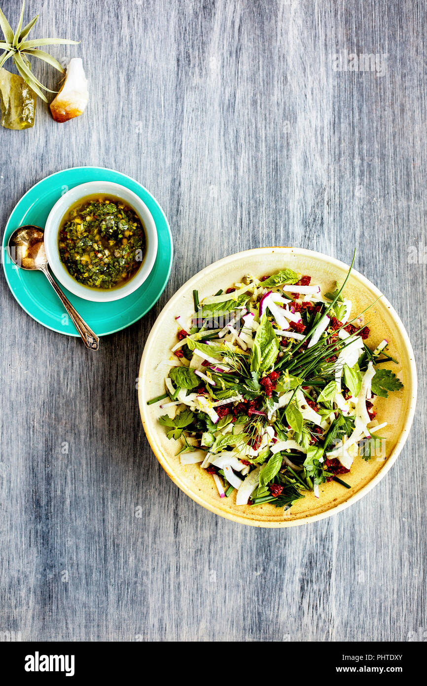 Fennel Herb Salad with Italian Style Salsa Verde. Photographed on a b ...