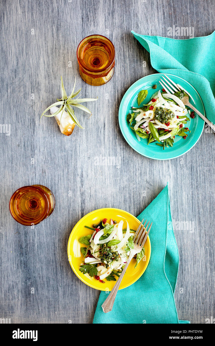 Fennel Herb Salad with Italian Style Salsa Verde. Photographed on a b
