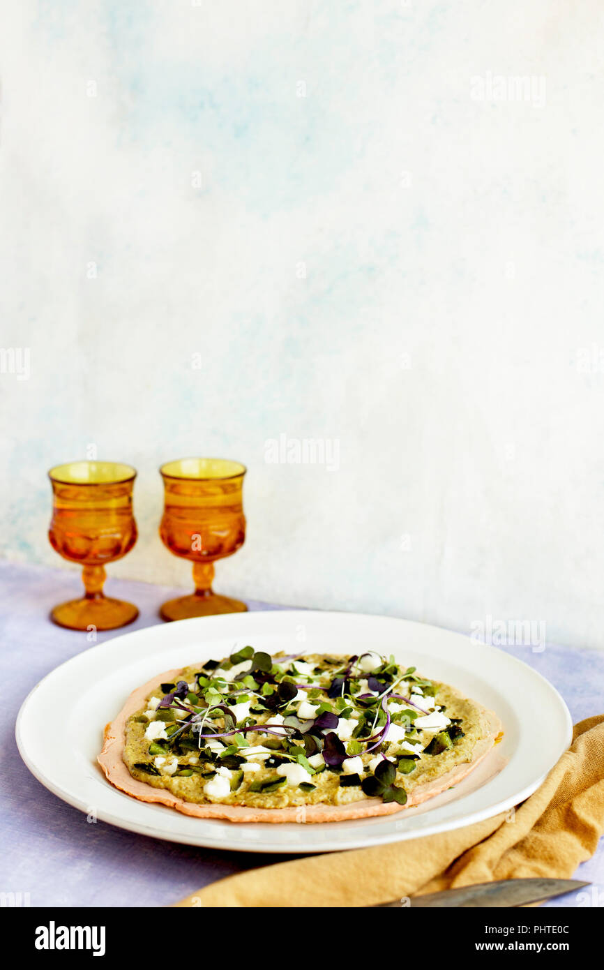 Red Lentil Flatbread with Roasted Poblano Tomatillo Pesto. Photographed