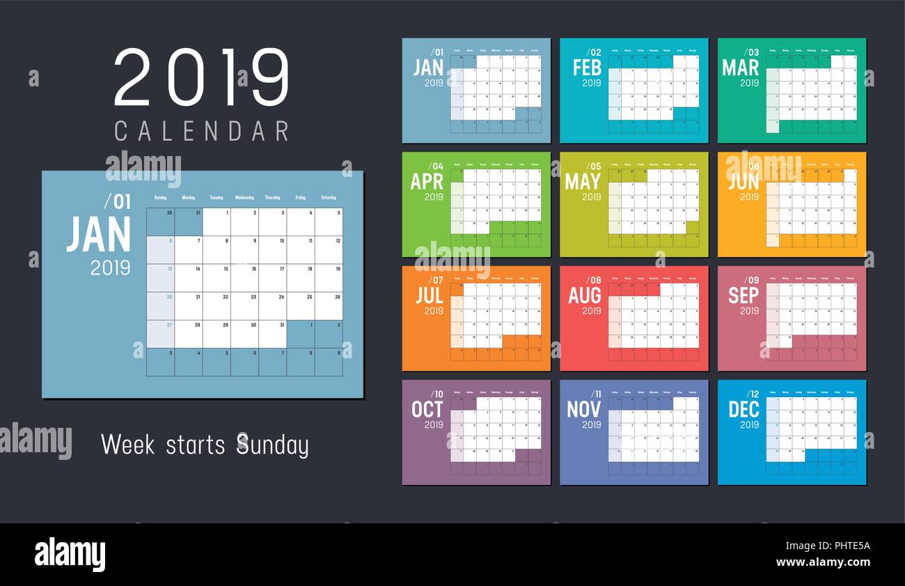 Year 2019 colorful calendar, weeks start Sunday - Vector template. Stock Vector