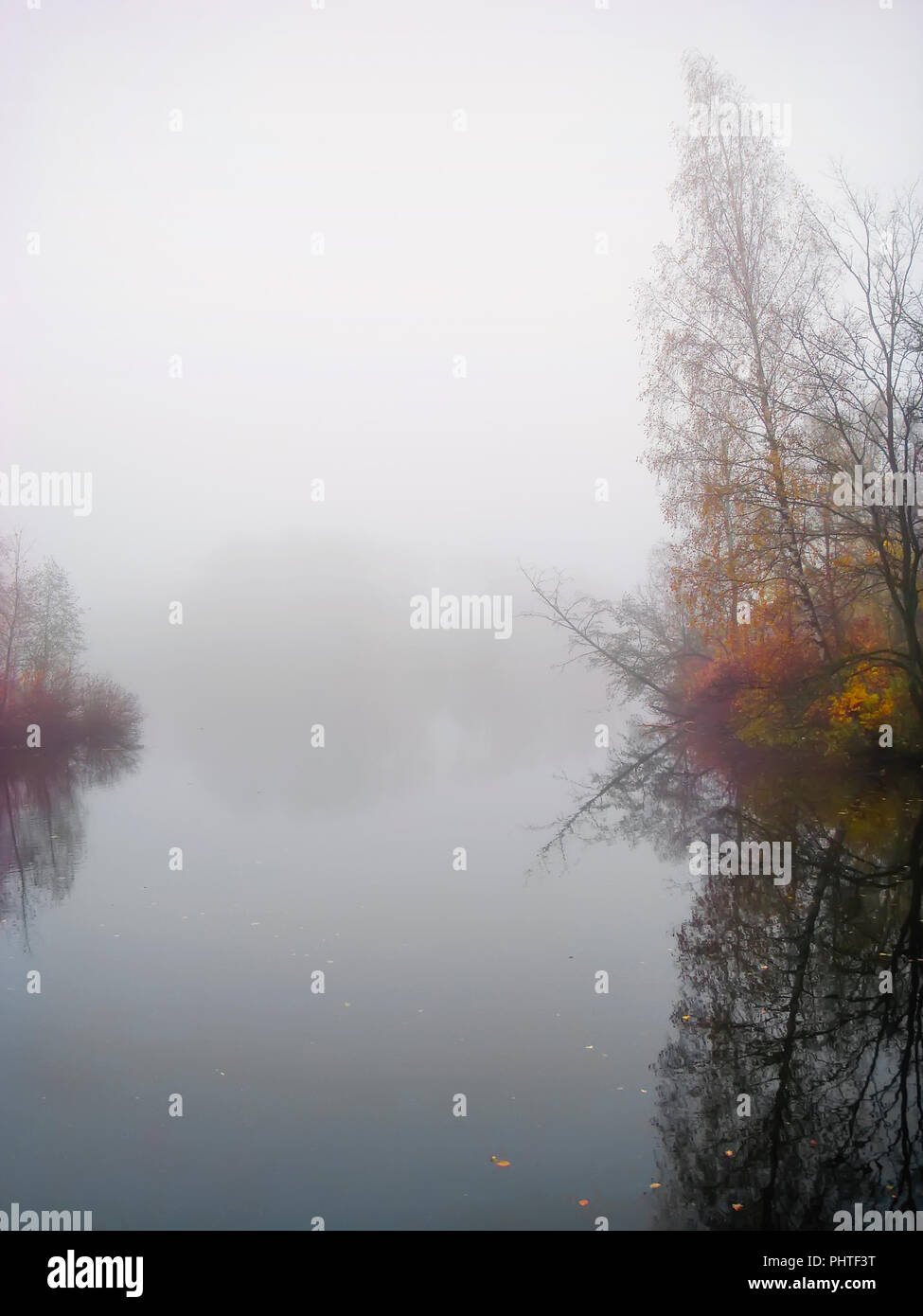Foggy dawn, autumn forest in mystic fog in the morning, lake at dawn with clouds reflected in the calm water, thick dense fog. Stock Photo