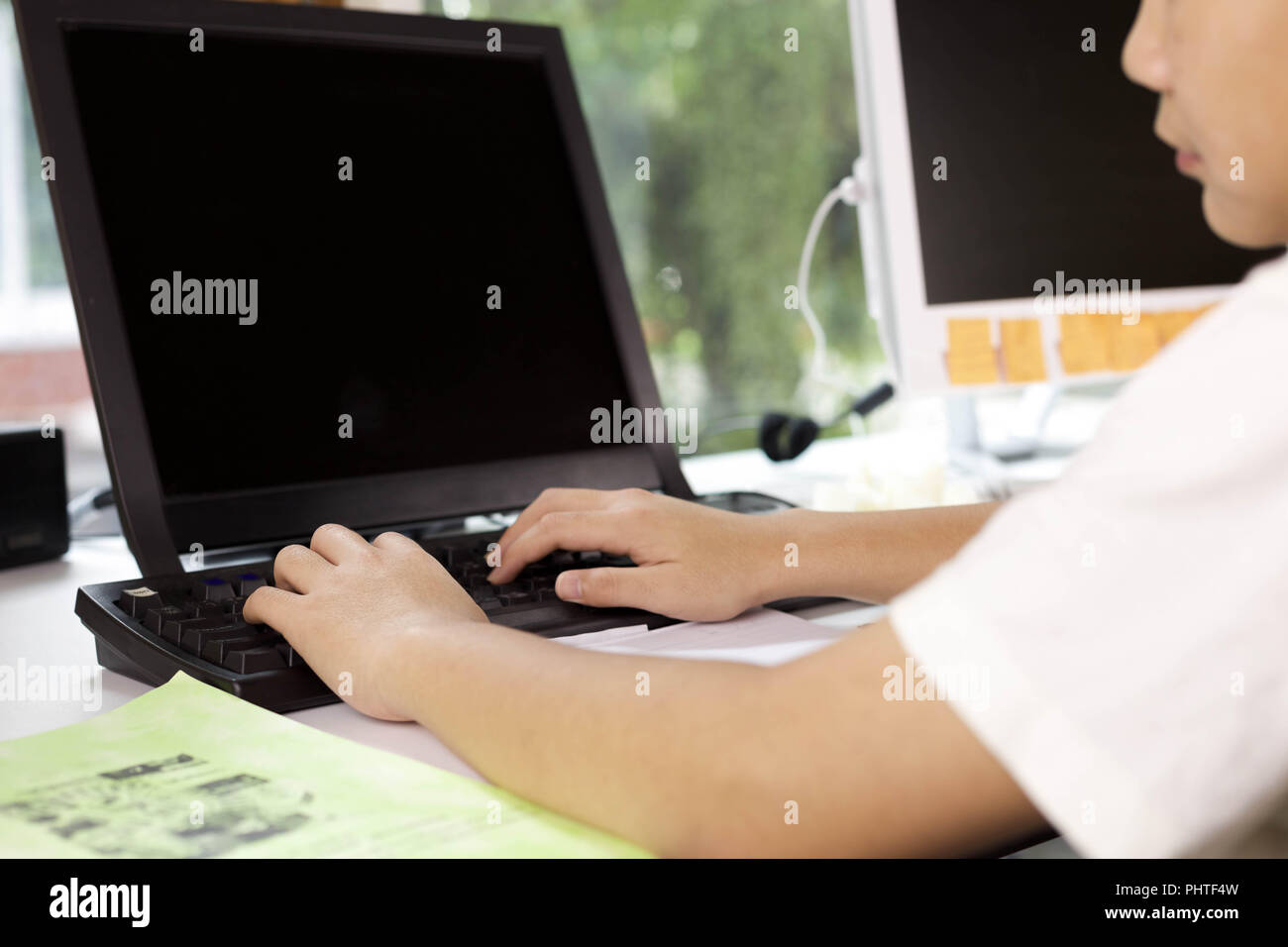 Education concept - student with computer doing homework Stock Photo ...