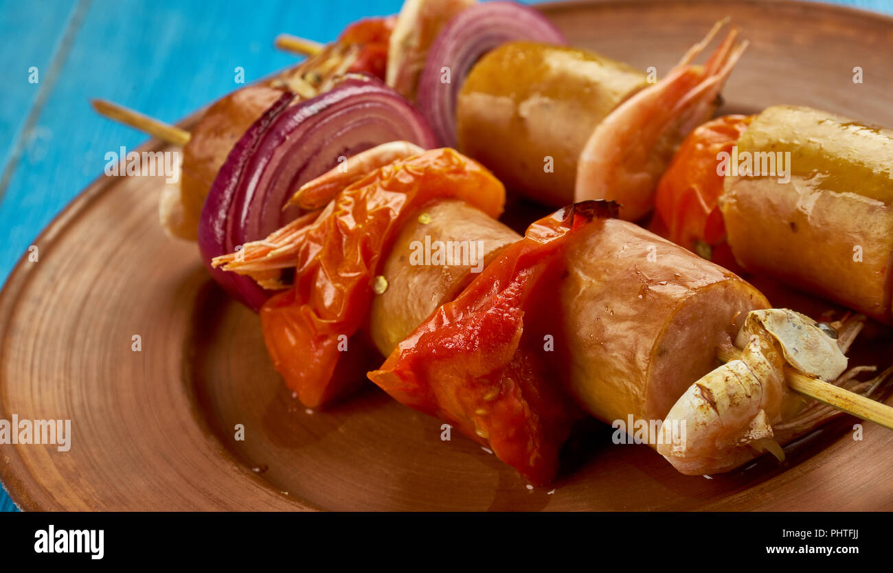 Grilled Shrimp and Andouille Sausage Kabobs Stock Photo