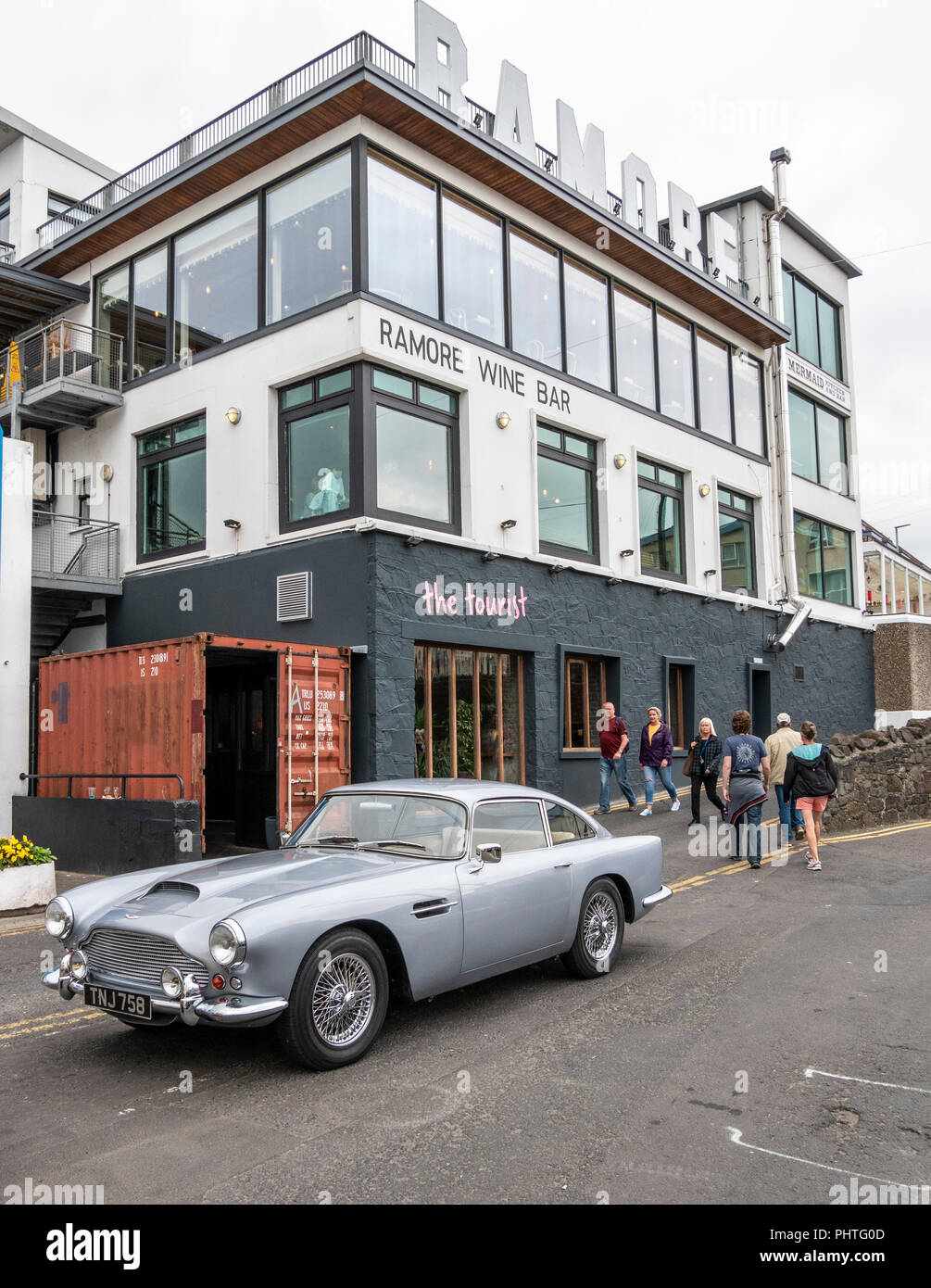 Aston Martin DB4 parked outside The Ramore Restaurant, Portrush
