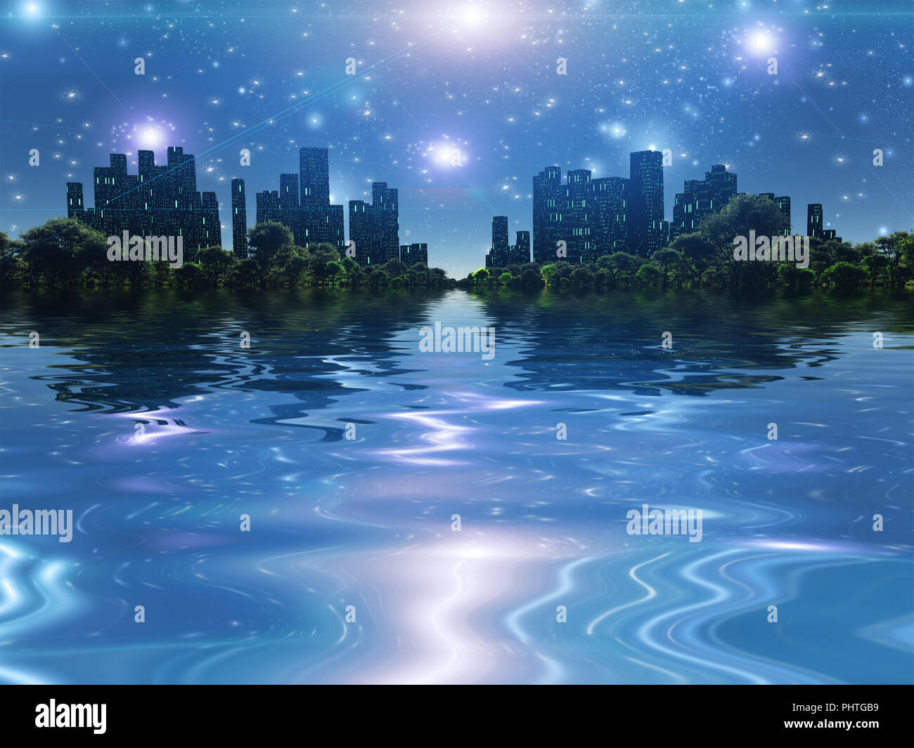 Surreal digital art. City surrounded by green trees in water world