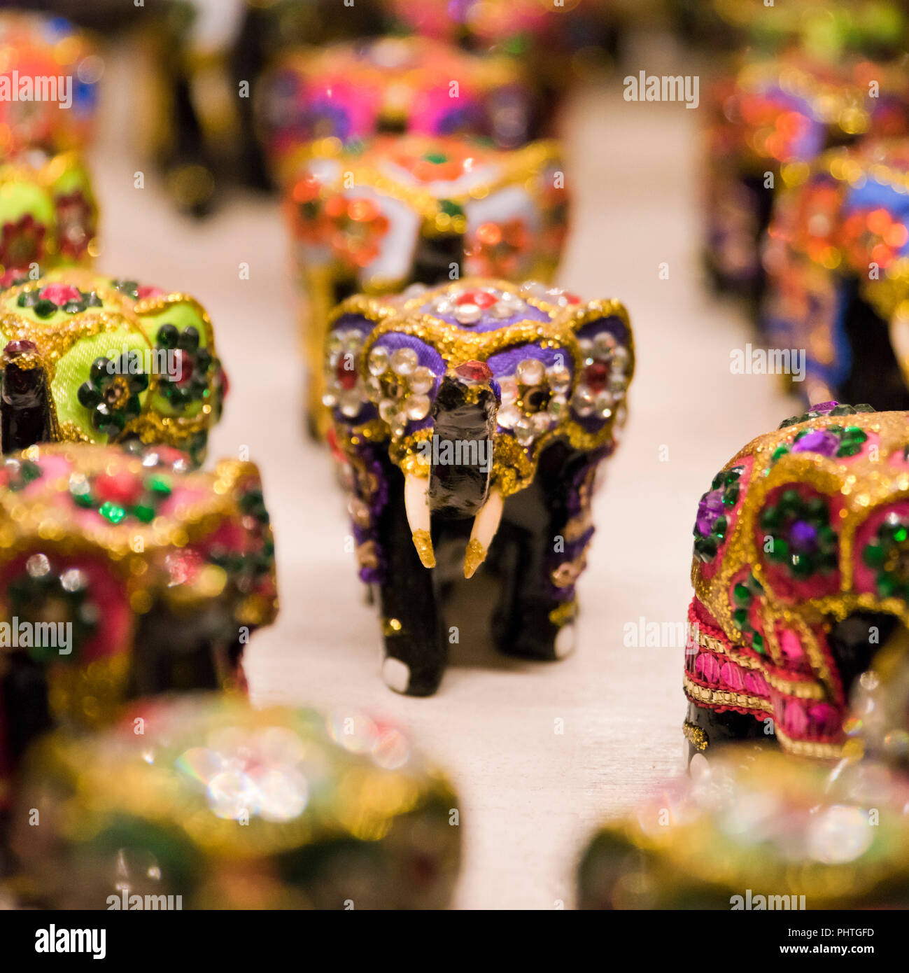 Square close up of jewelled elephant ornaments for sale in Sri Lanka. Stock Photo