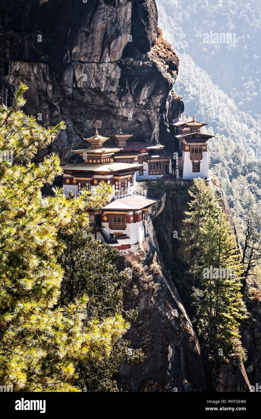 The Taktsang Palphug Monastery or the Tigers Nest near Paro Bhutan was originally constructued in 1692. Stock Photo