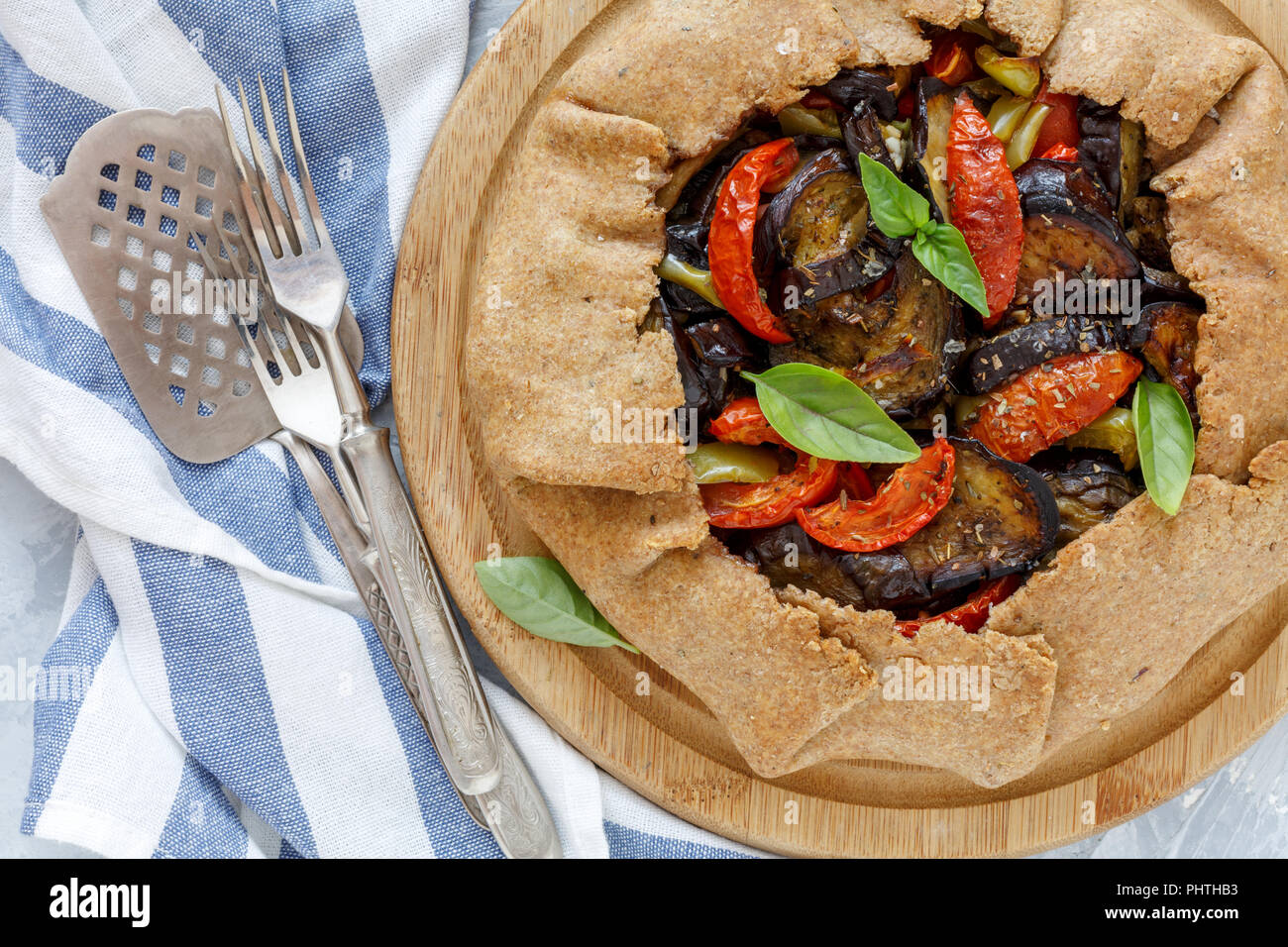 Homemade whole-grain Galette with eggplant. Stock Photo