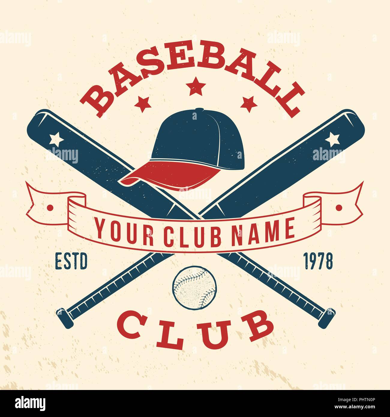 Baseball club badge. Vector illustration. Concept for shirt or logo, print, stamp or tee. Vintage typography design with baseball bats, cap and ball for baseball silhouette. Stock Vector