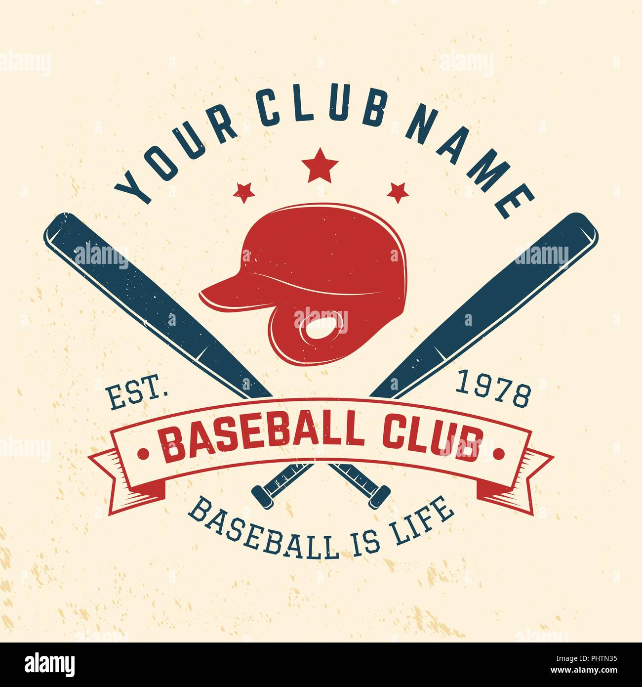 Baseball club badge. Vector illustration. Concept for shirt or logo, print, stamp or tee. Vintage typography design with baseball bats and helment silhouette. Stock Vector