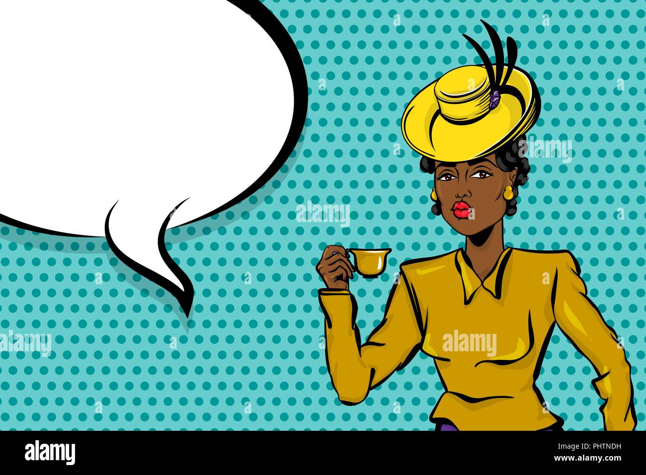 Black afro woman pop art drink tea Stock Vector