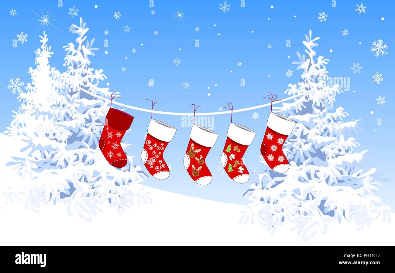 Christmas socks for gifts on a winter background, against a background of snow-covered fir trees. Stock Vector