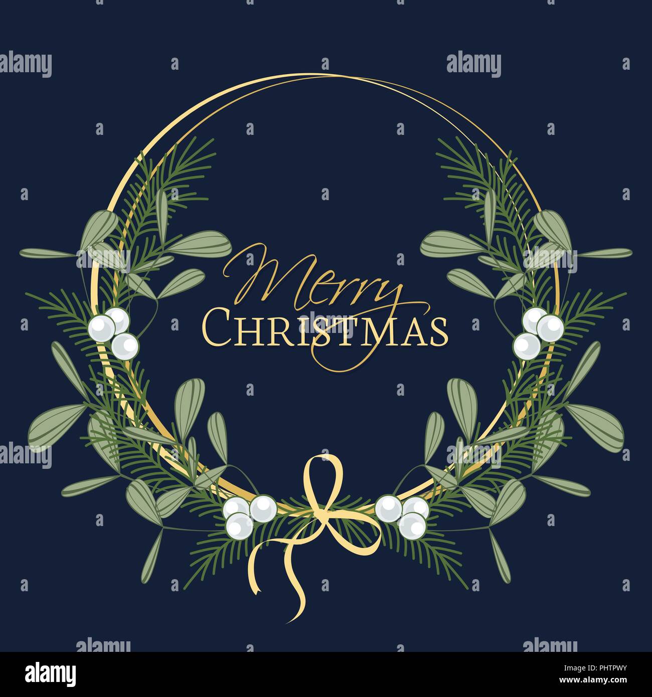 Vector illustration of Christmas wreath with branches and mistletoe ...