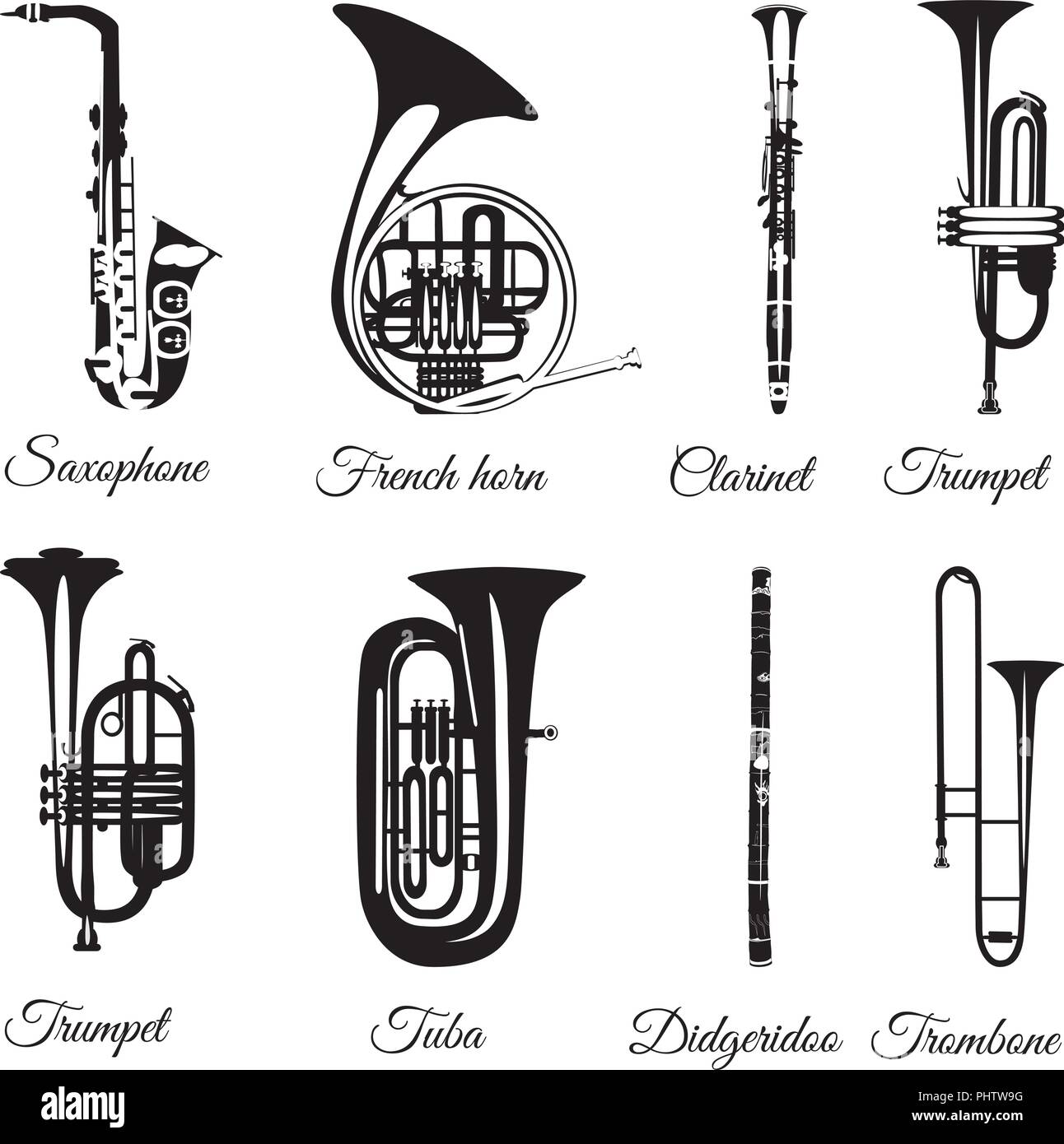 Vector set of black and white wind musical instruments Stock Vector