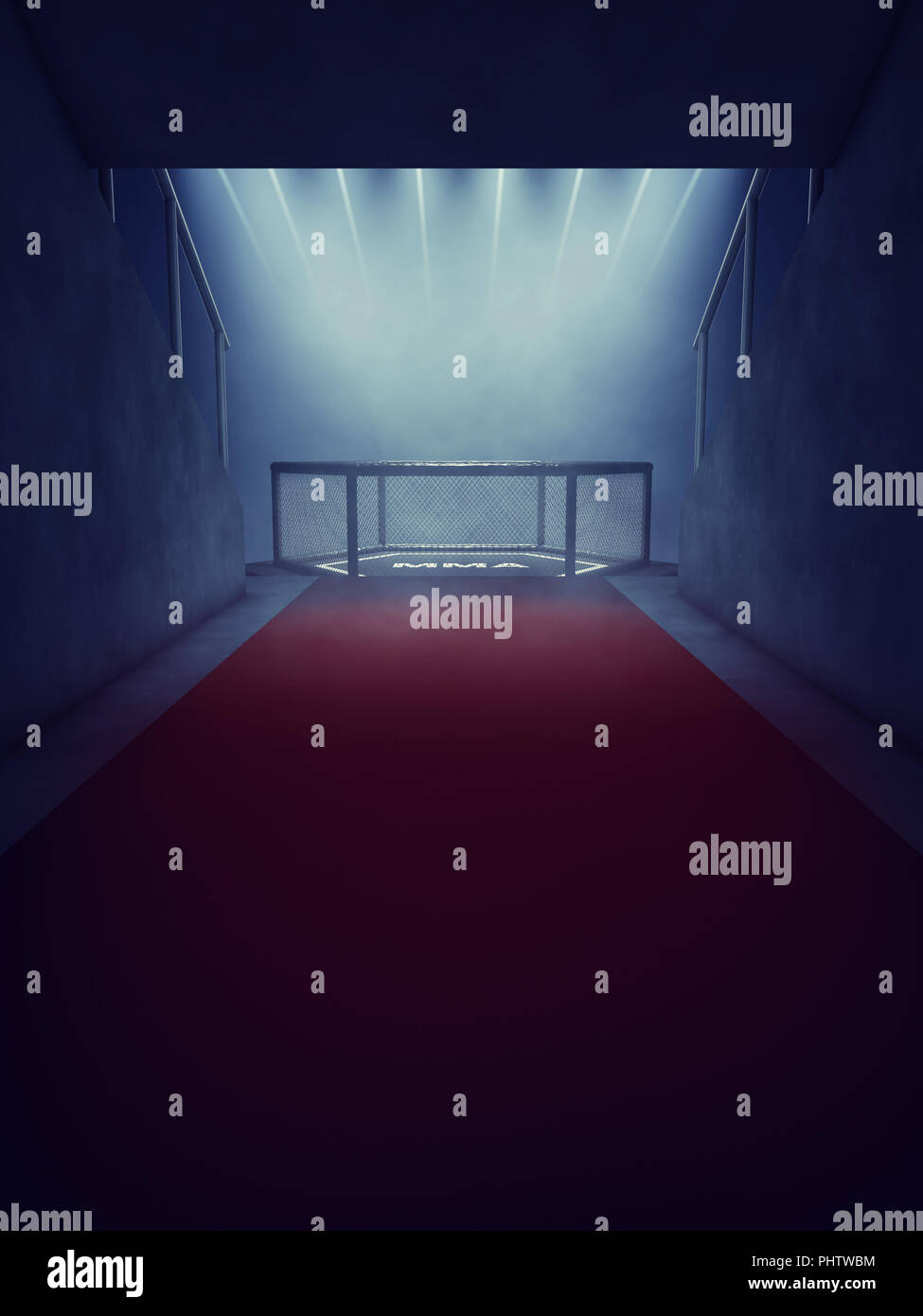 MMA cage lit by spotlights, Mixed martial arts arena entrance Stock