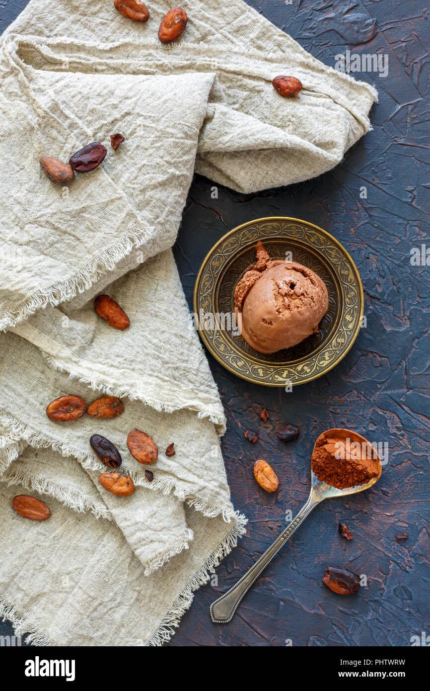 Homemade chocolate ice cream, cocoa beans and powder Stock Photo Alamy