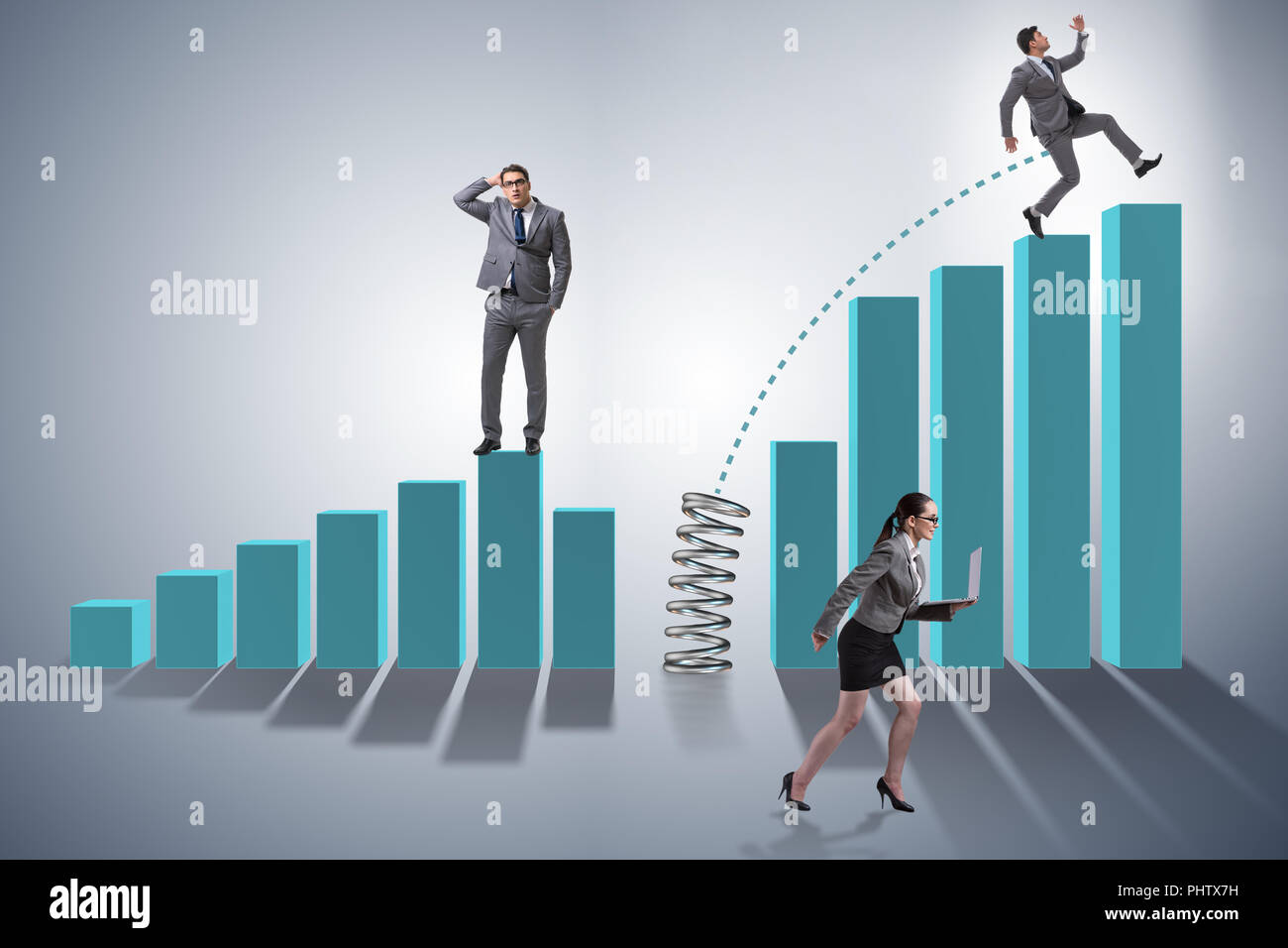 Business people jumping over bar charts Stock Photo - Alamy