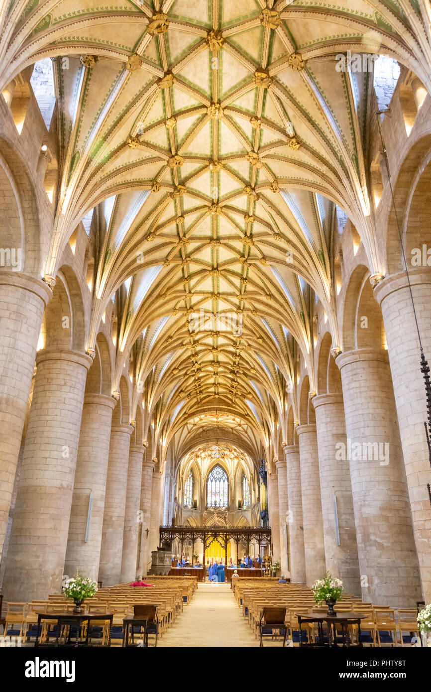Interior nave of Tewkesbury Abbey, Tewkesbury, Gloucestershire, England, United Kingdom Stock Photo