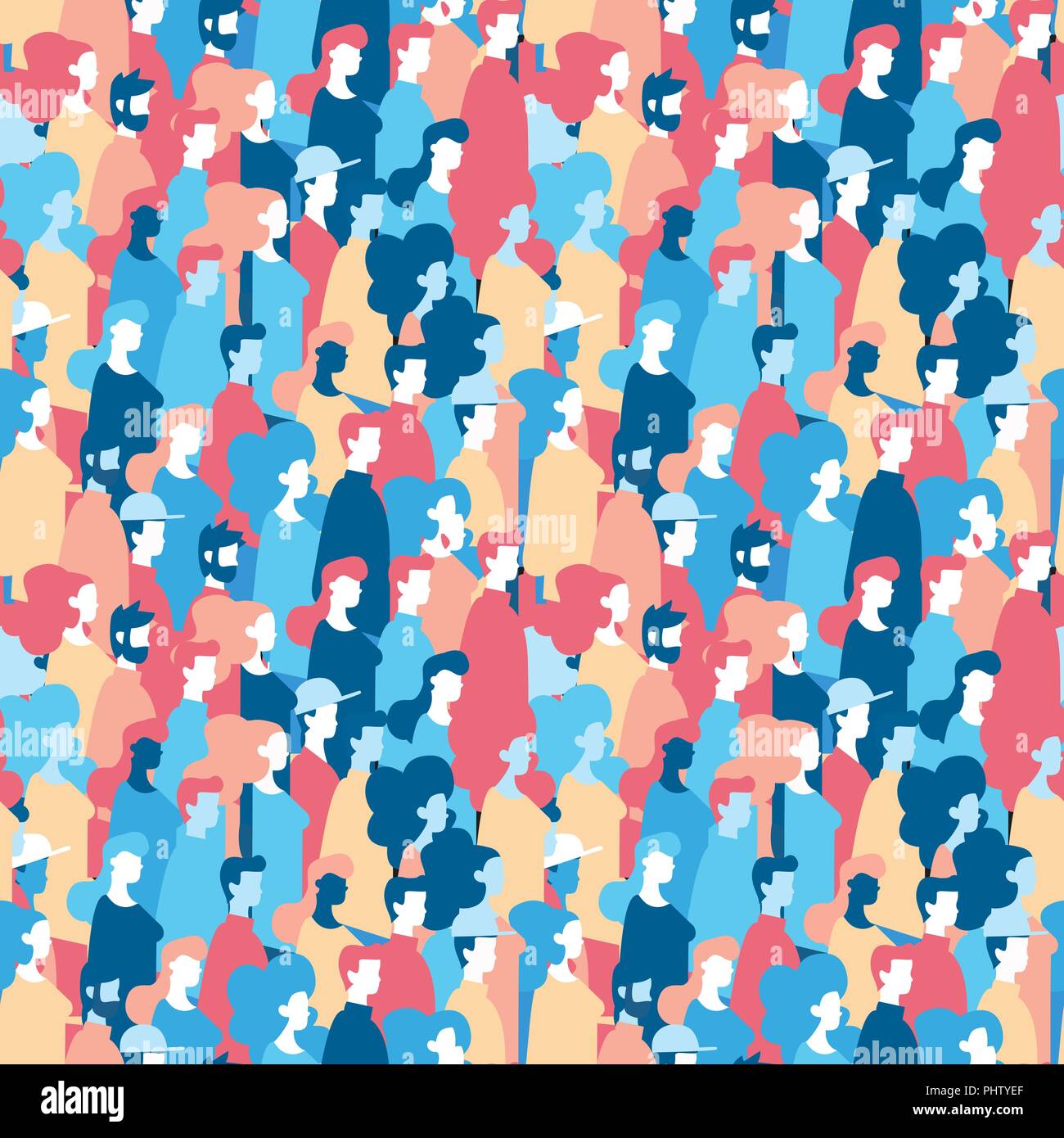 Social community seamless pattern of diverse people group in modern style, colorful crowd loop background with mixed men and women. EPS10 vector. Stock Vector