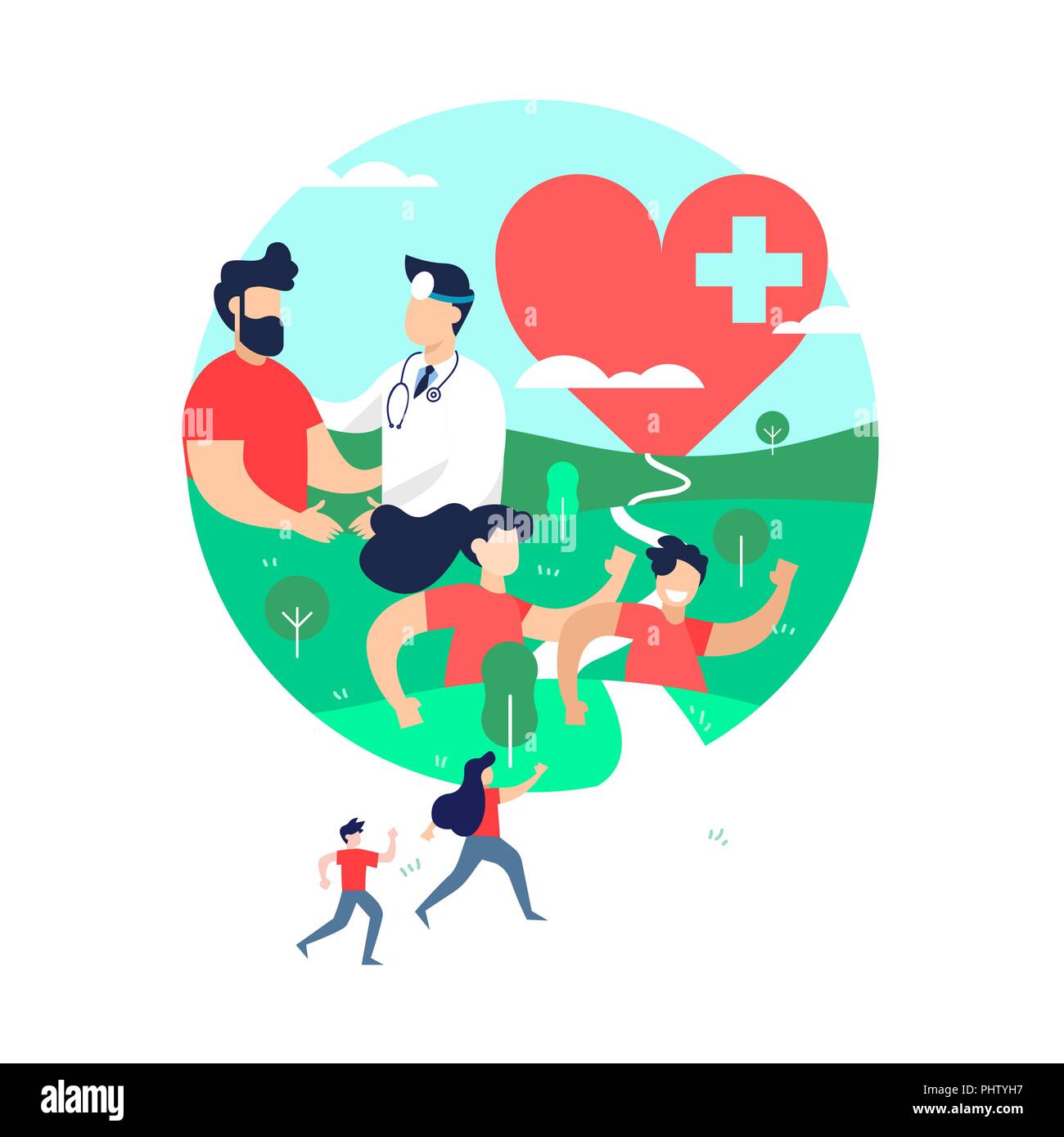 Health medicine illustration concept, heart disease awareness. People running for exercise or sport event outdoors and doctor with patient on isolated Stock Vector