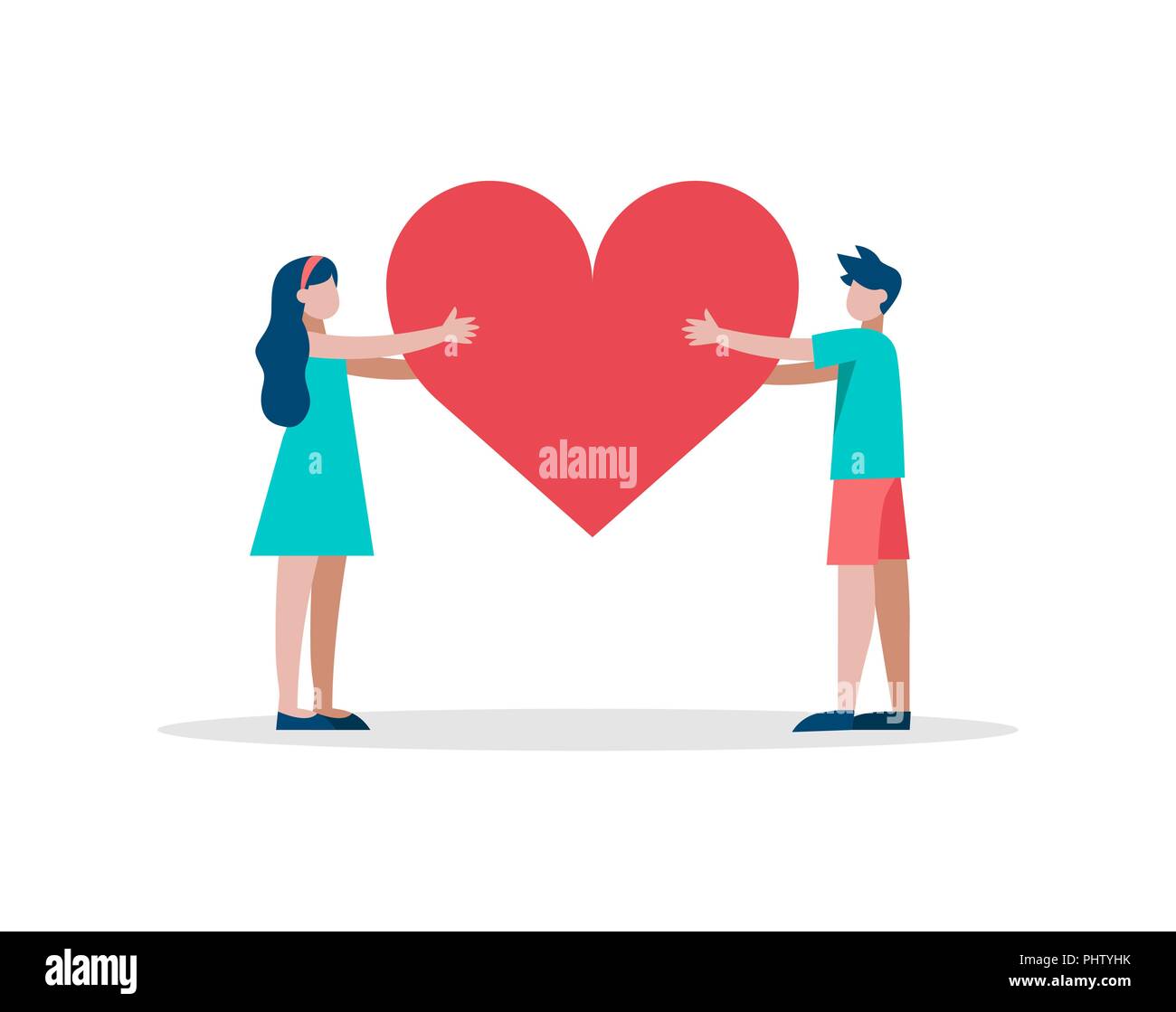 Girl and boy holding red heart shape, illustration for social network like button, health awareness or romantic concept on isolated background. EPS10  Stock Vector