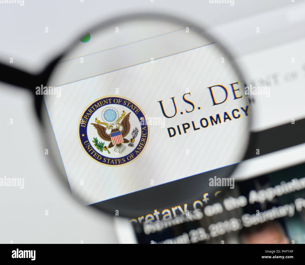 Milan, Italy - August 20, 2018: Department of State website homepage. Department of State logo visible. Stock Photo