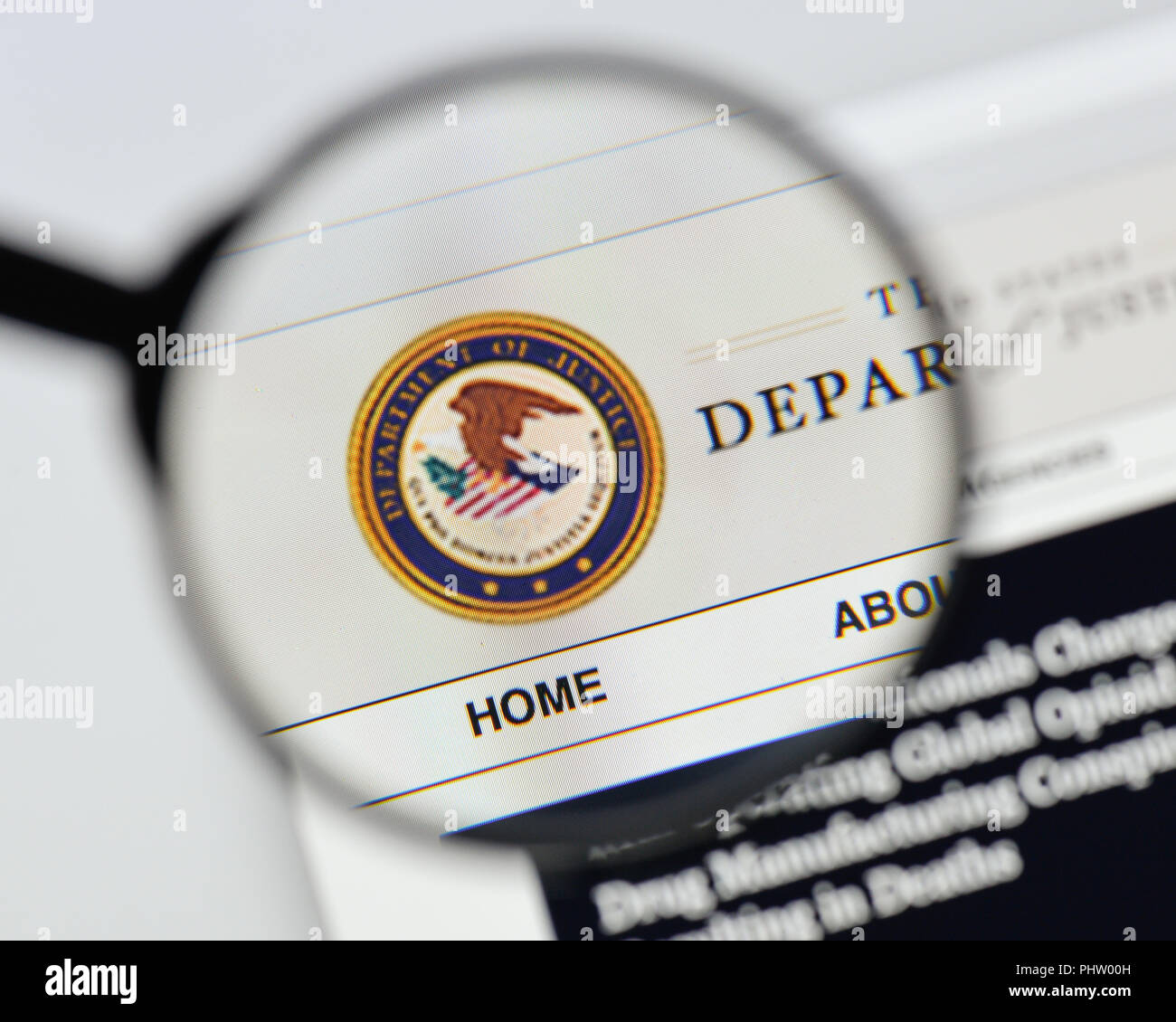 Milan, Italy - August 20, 2018: Justice Department website homepage. Justice Department logo visible. Stock Photo