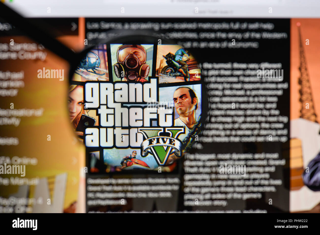 Milan, Italy - August 20, 2018: Grand Theft Auto V website homepage. Grand Theft Auto V logo visible. Stock Photo